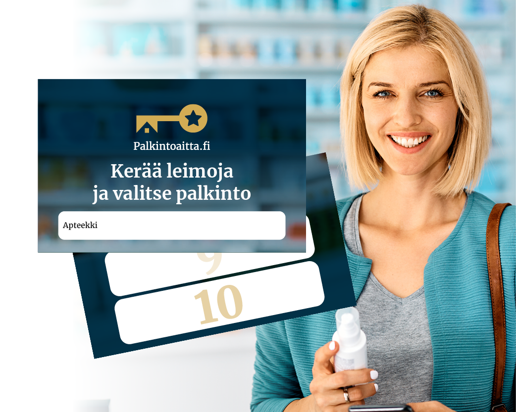Palkintoaitan leimapassi täynnä leimoja apteekkiostoksista